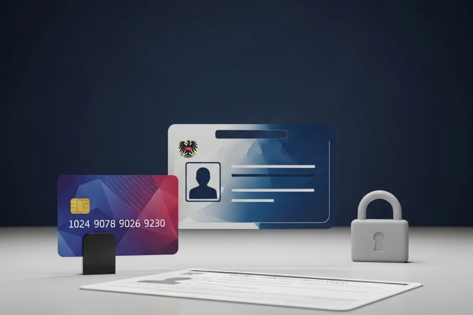 Zahlungskarte, Ausweisdokument und Schloss als Symbol für Datenschutz