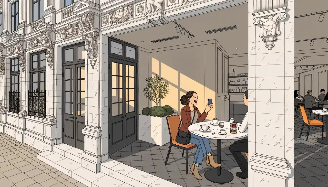 Junge Frau hält Smartphone in einem Wiener Kaffeehaus, Kaffee und kleines Automaten-Anhänger auf dem Tisch