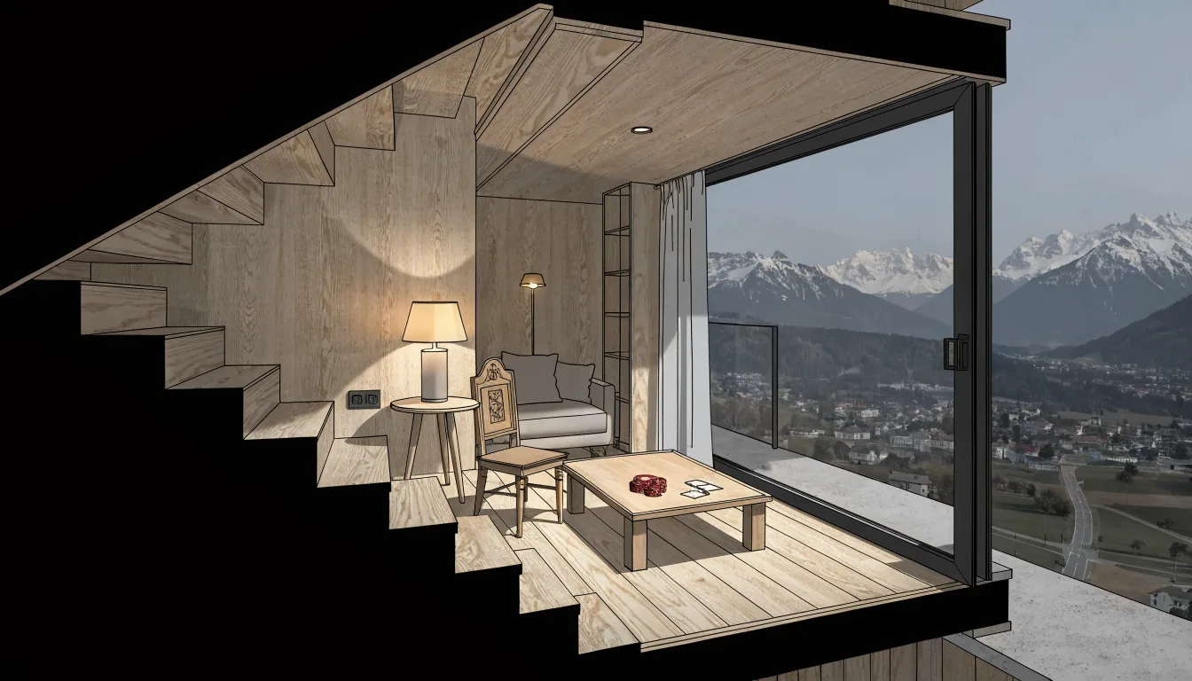 Gemütliches österreichisches Wohnzimmer mit Casino-Chips und Spielkarten auf dem Tisch, Alpenblick durch das Fenster.