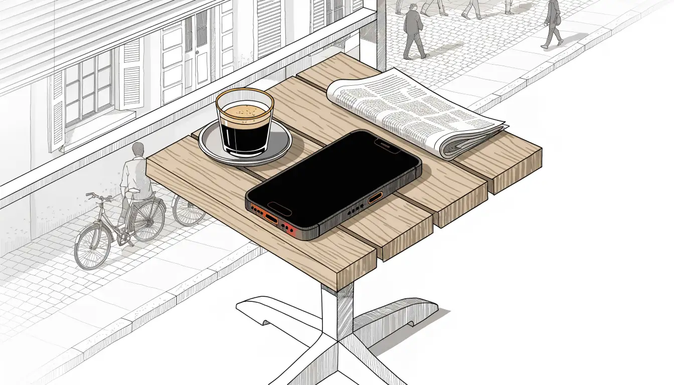 Smartphone mit Sonnenlicht auf einem Tisch in einem österreichischen Café