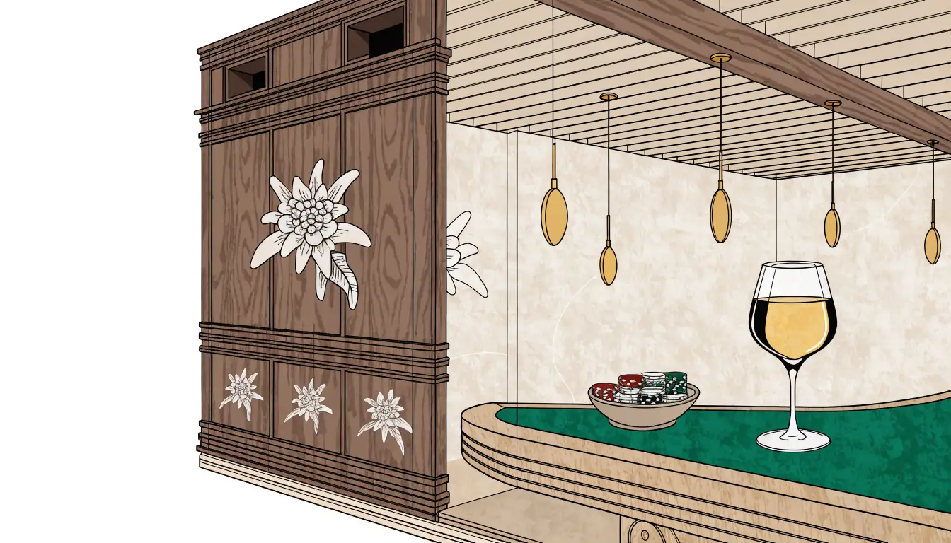 Gemütliche österreichische Casino-Lounge mit Holzvertäfelung und Casino-Chips