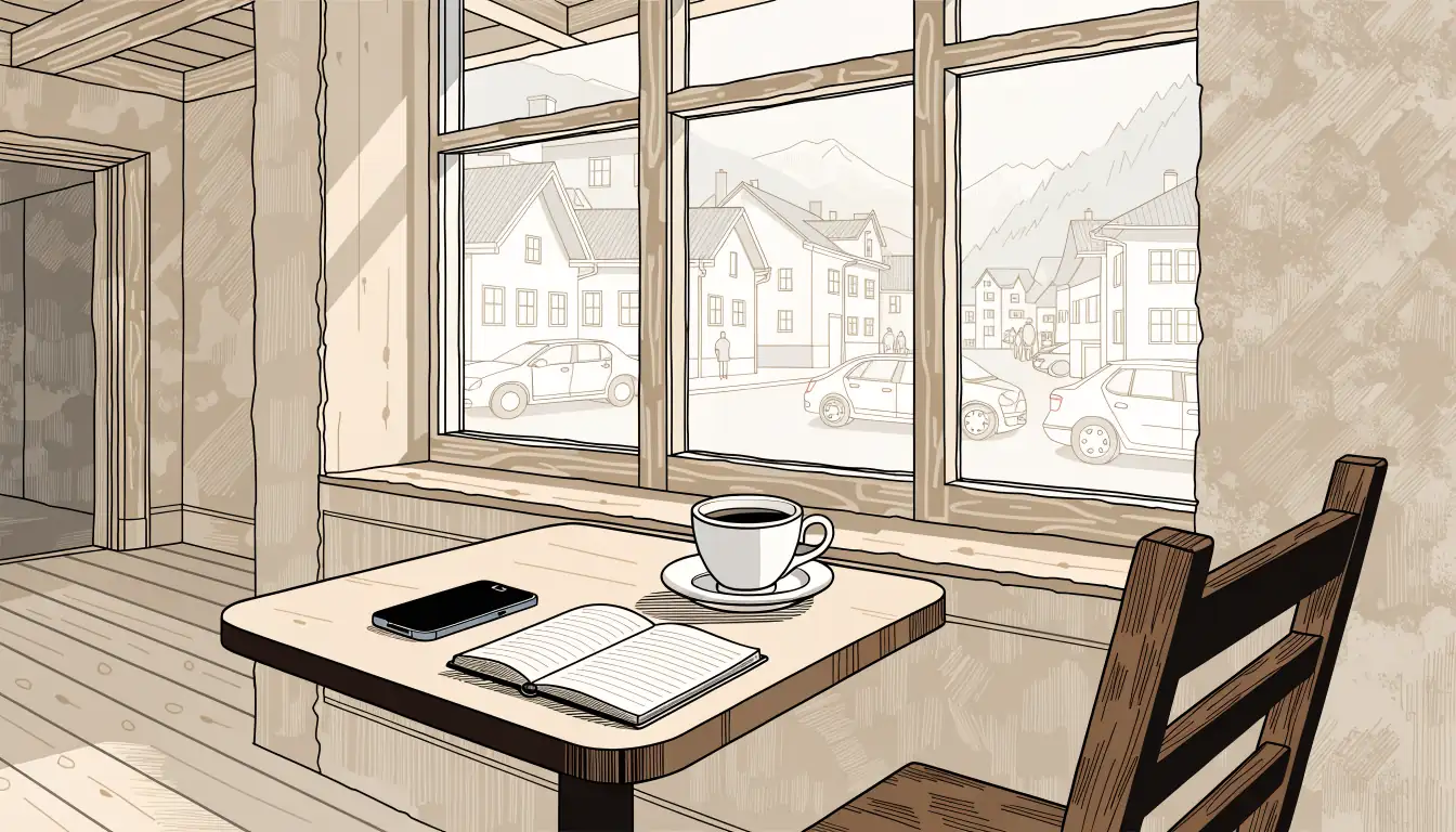 Gemütliches österreichisches Kaffeehaus, Smartphone liegt mit dem Bildschirm nach unten auf dem Tisch