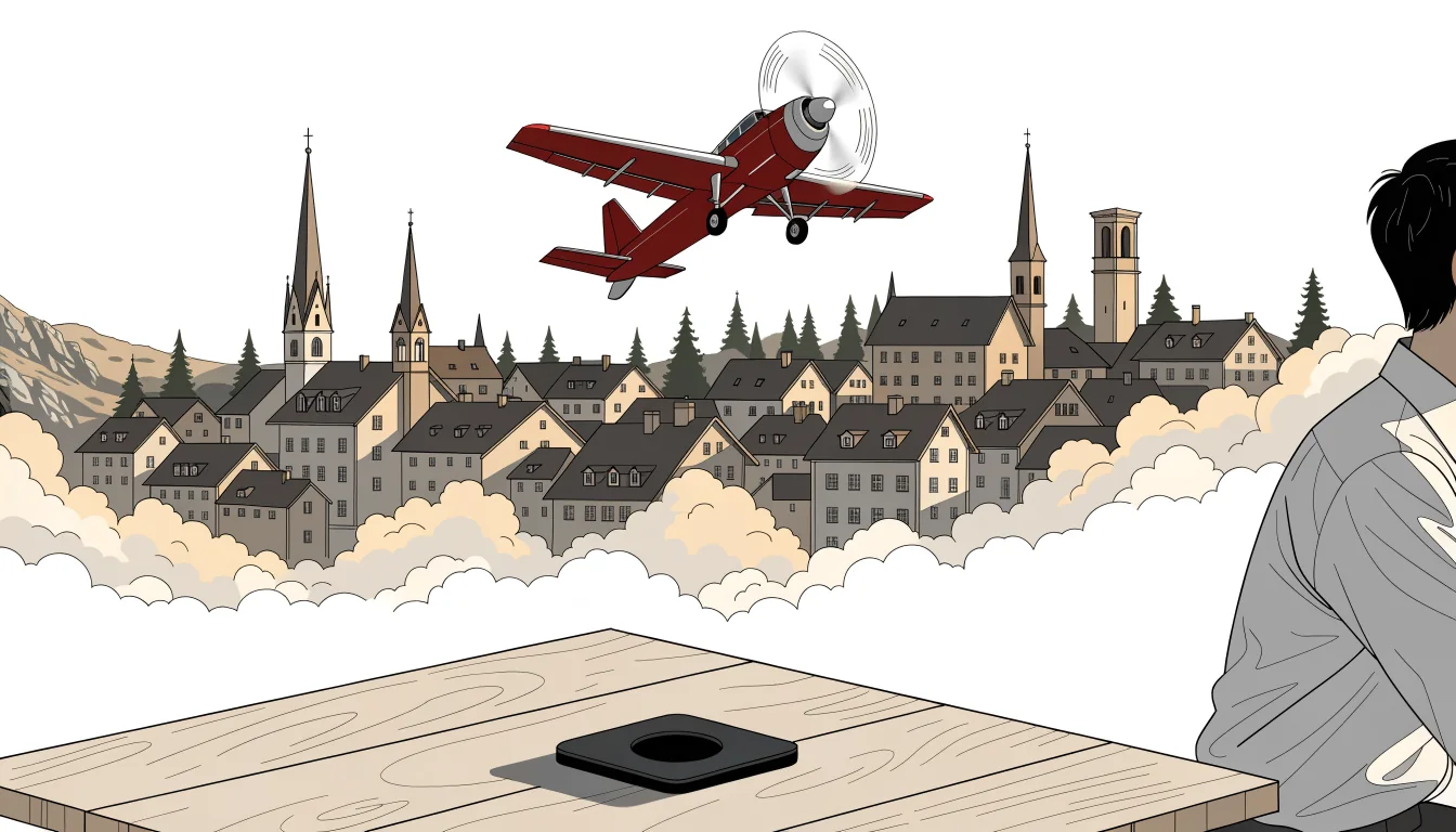 Ein kleines Propellerflugzeug steigt über einem österreichischen Alpendorf in den Himmel, Spielchip im Vordergrund.