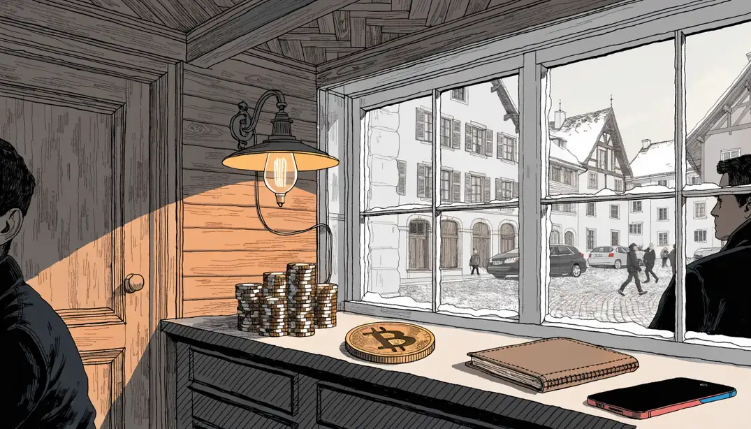 Stapel Casino-Chips und eine Bitcoin-Münze auf einer Holztheke in einem österreichischen Café.