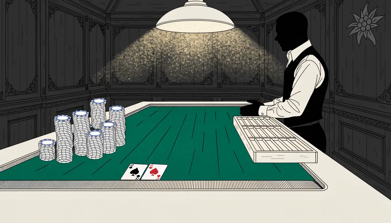 Beleuchteter Live-Blackjack-Tisch mit Chips und Karten in österreichischem Casino-Studio.