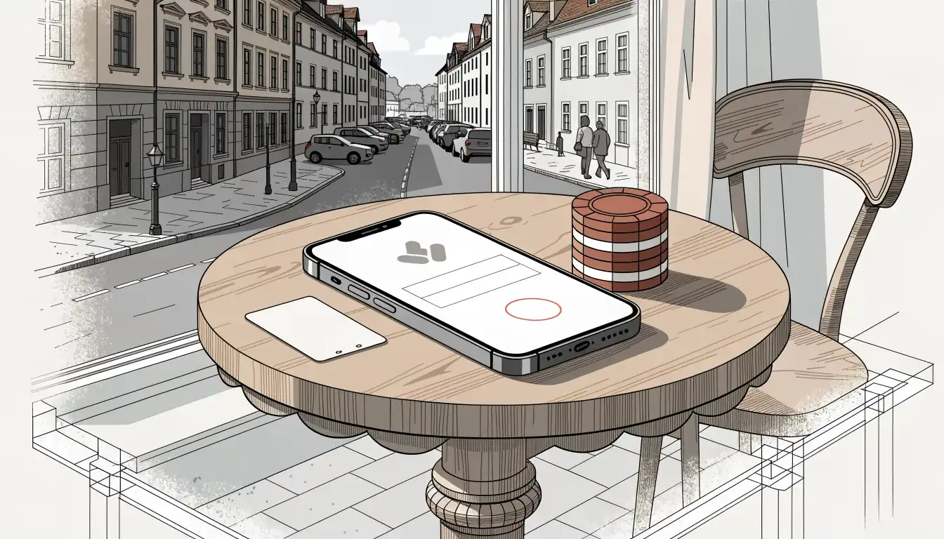 Smartphone mit Banking-App neben Casino-Chips auf einem Tisch in Österreich.