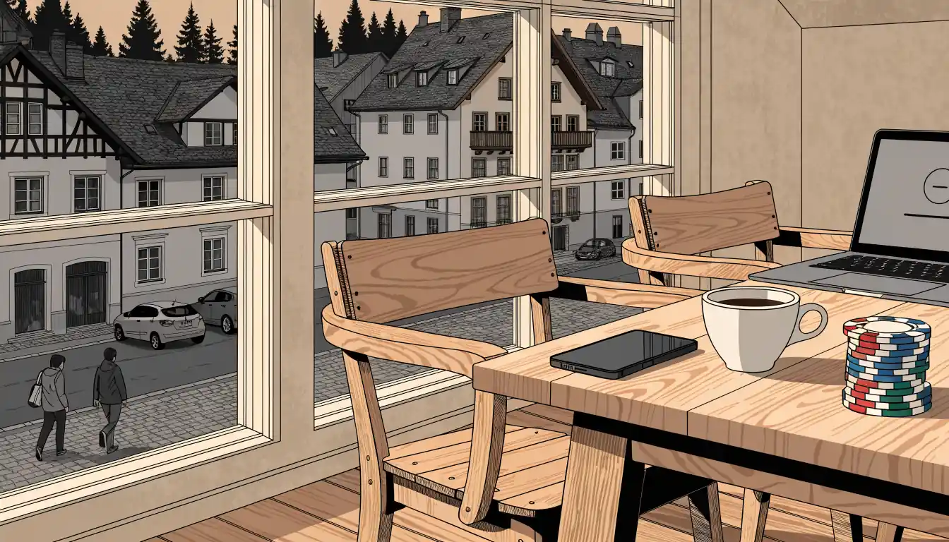 Smartphone, Casino-Chips und Espresso auf einem Tisch in Österreich.