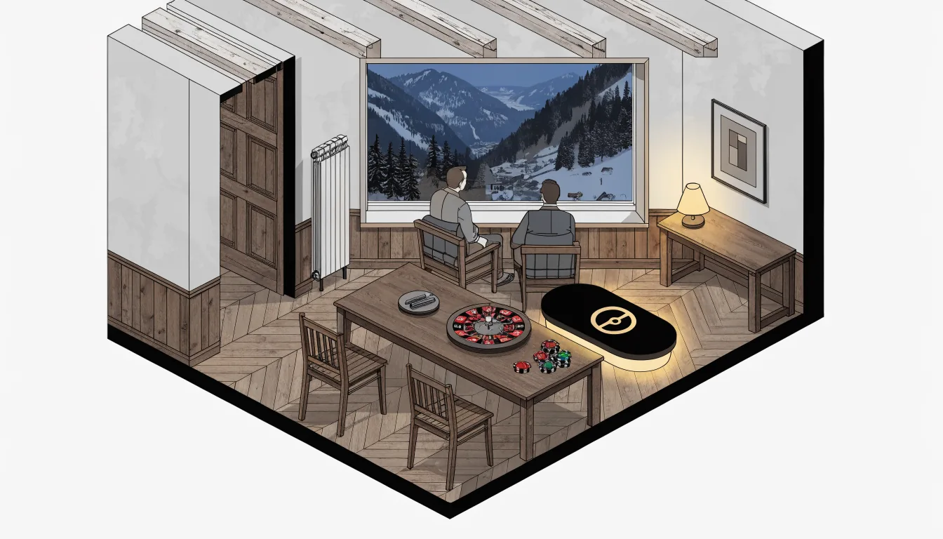 Alpenpanorama durchs Fenster, Casino-Chips und Roulette auf dem Tisch, leuchtende Krypto-Wallet