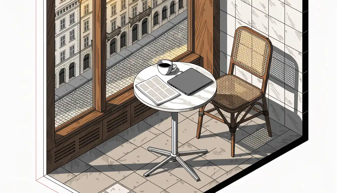 Laptop auf einem Cafétisch in einem Wiener Kaffeehaus, warmes Nachmittagslicht.