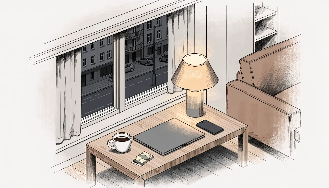 Abendlicher Blick auf einen Laptop und Euro-Scheine auf einem Couchtisch in einer modernen Wohnung.