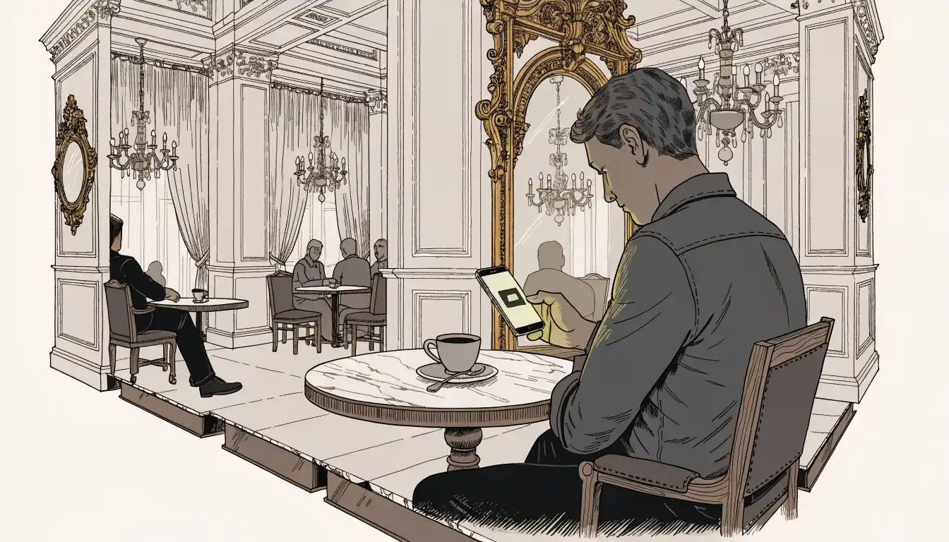 Person mit Smartphone im Wiener Kaffeehaus, digitales Wallet wird geöffnet.