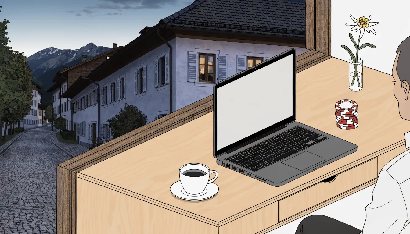 Moderner österreichischer Arbeitsplatz mit Laptop, Pokerchips und Alpenblick durch das Fenster.