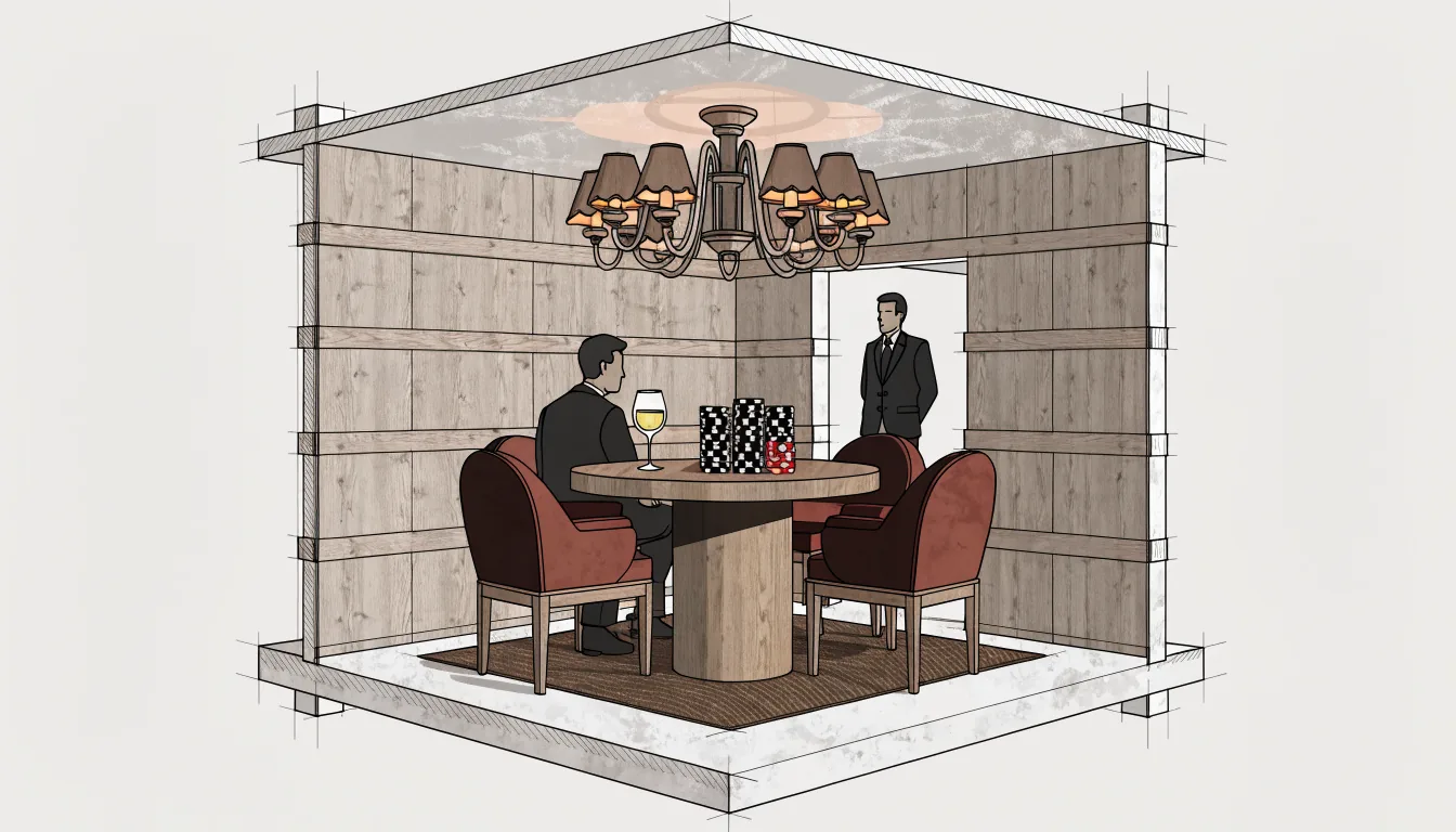 Stilvolle österreichische Casino-Lounge mit ADA-Spielchips und Holztisch