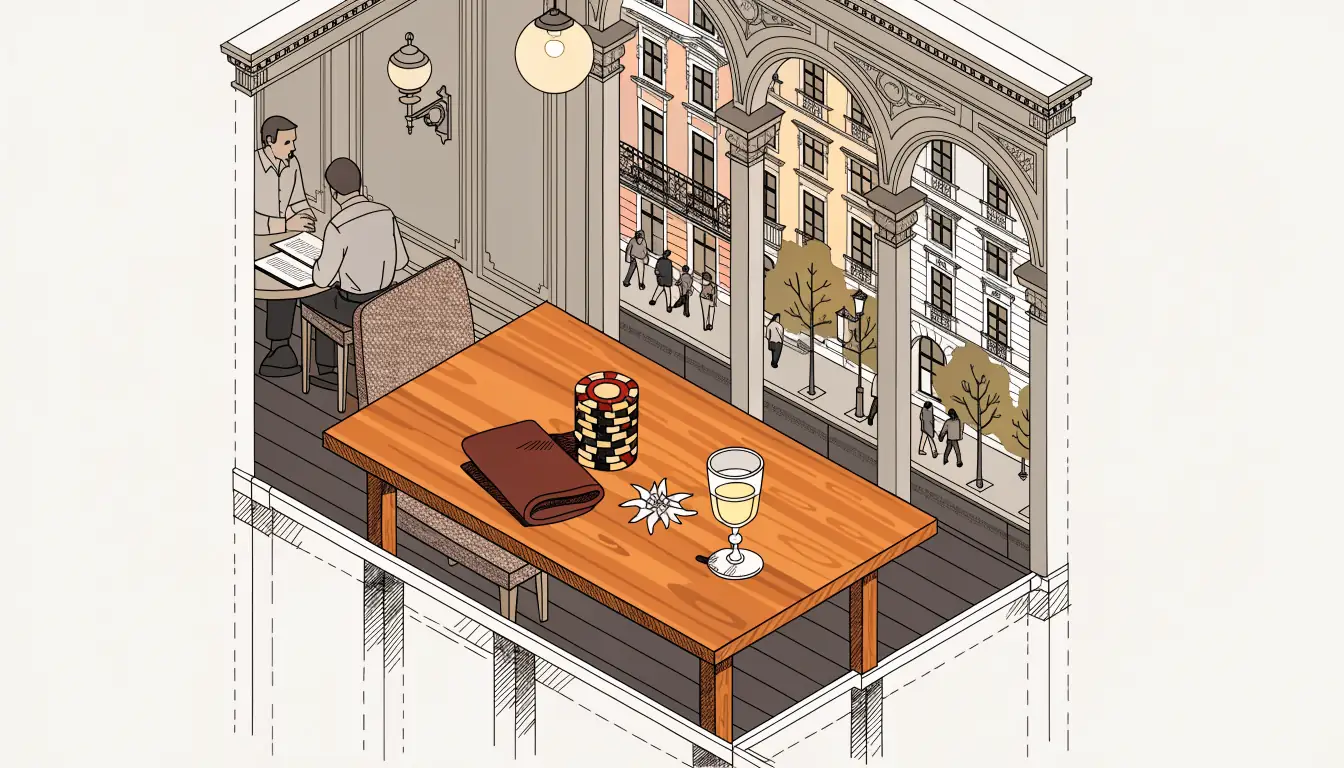 Stapel Casino-Chips auf einem Holztisch in einem Wiener Café bei Abendlicht