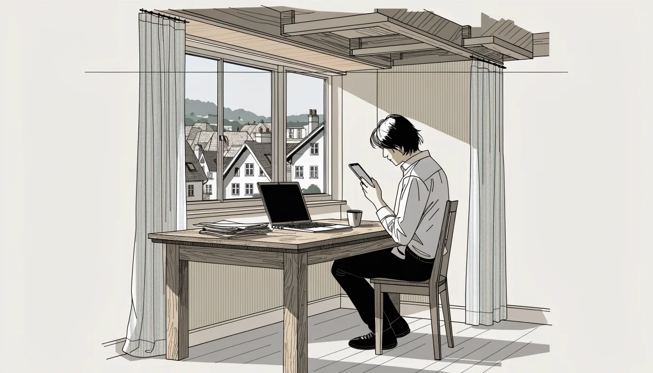 Person am Schreibtisch mit Smartphone und Laptop in einer österreichischen Wohnung