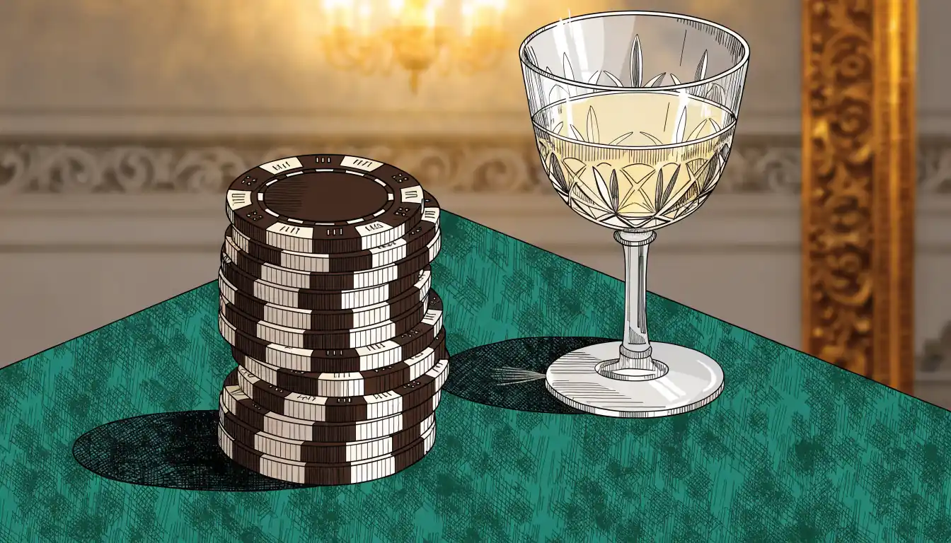 Gestapelte Casino-Chips auf grünem Filz neben Weinglas in Wiener Salon