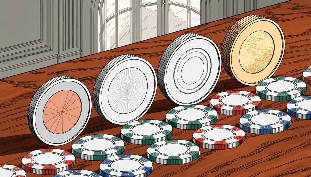 Euro-Münzen kleiner Stückelung und Casino-Chips auf Holz, österreichisches Interieur