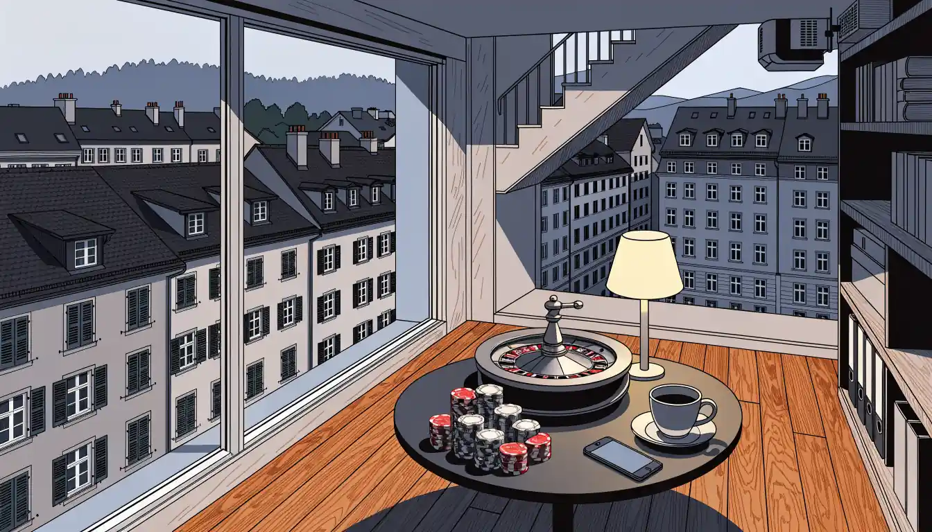Abendliche Szene in einer modernen Wiener Wohnung mit Casino-Chips und Roulette auf dem Tisch.