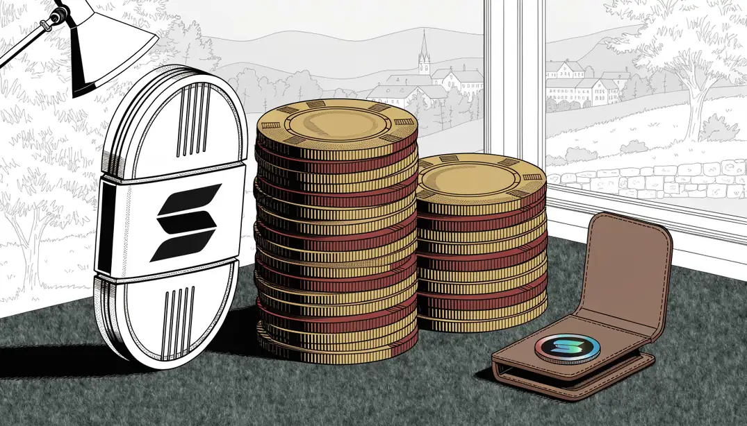 Solana-Münze neben Casino-Chips auf Filz, Alpenstadt im Hintergrund.